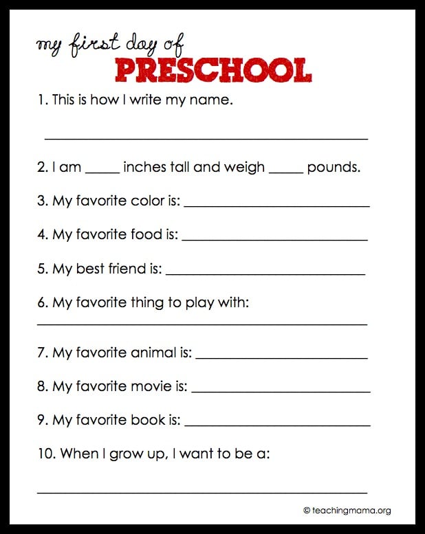 Preschool Questionnaire (Free Printable)