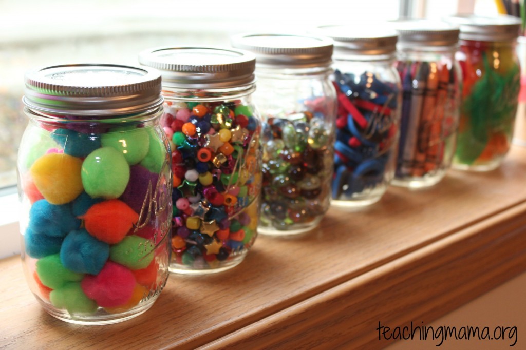 mason jars of craft supplies