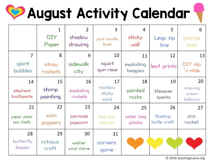 August Activity Calendar