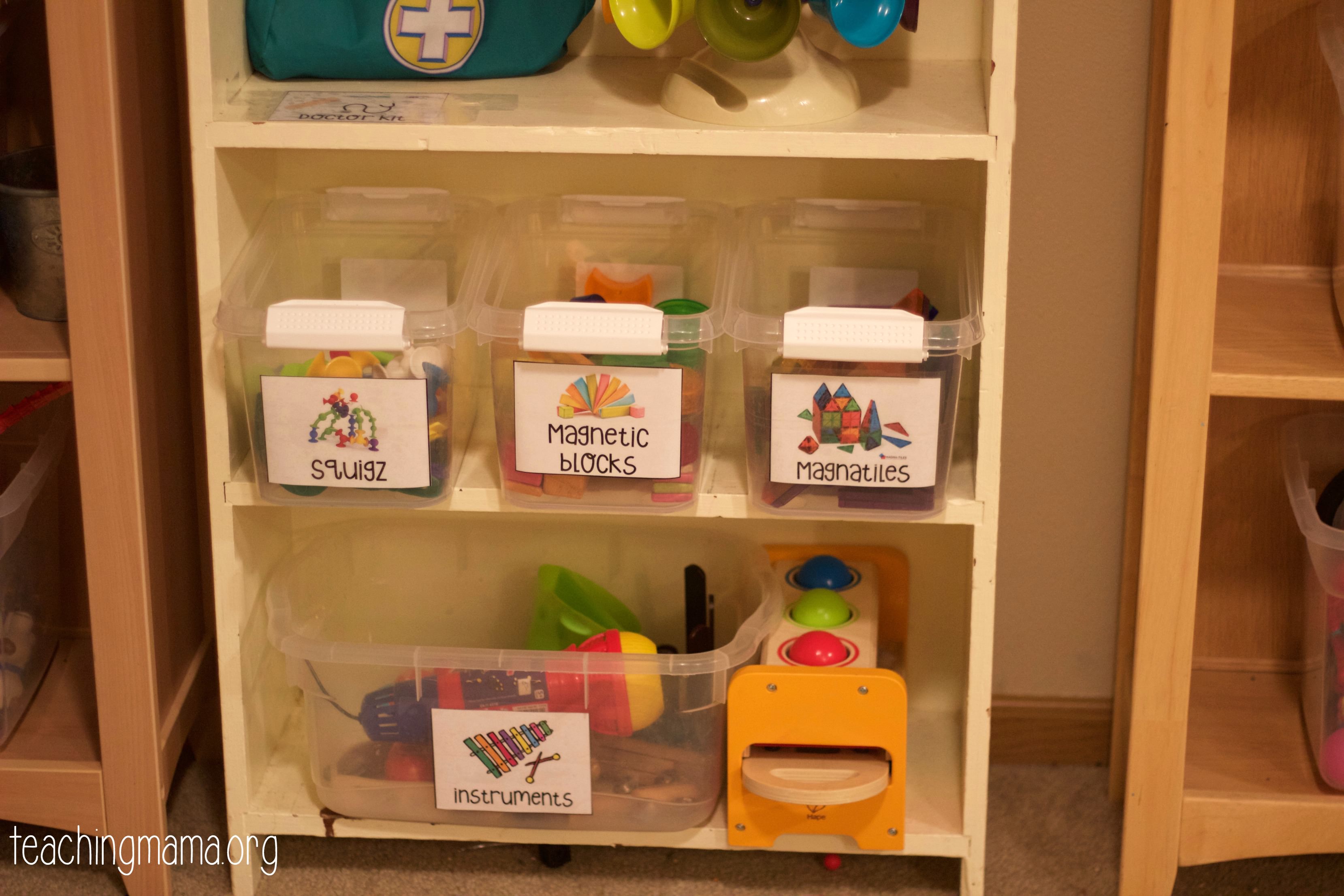 labeled toy bins