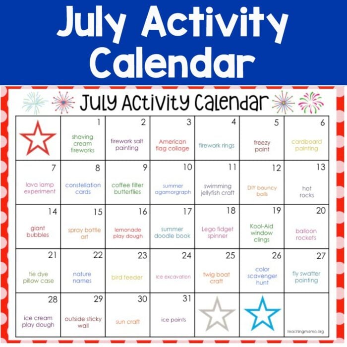 July Activity Calendar Teaching Mama