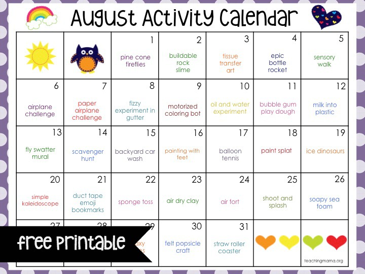 August Activity Calendar Teaching Mama