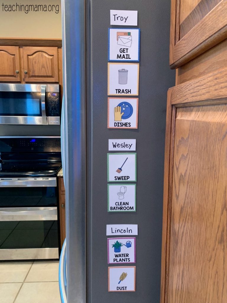 chores displayed on a fridge with pictures