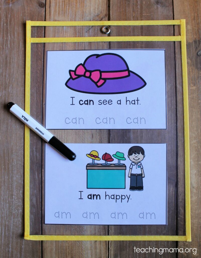 sight word practice sheets in a reusable plastic pouch