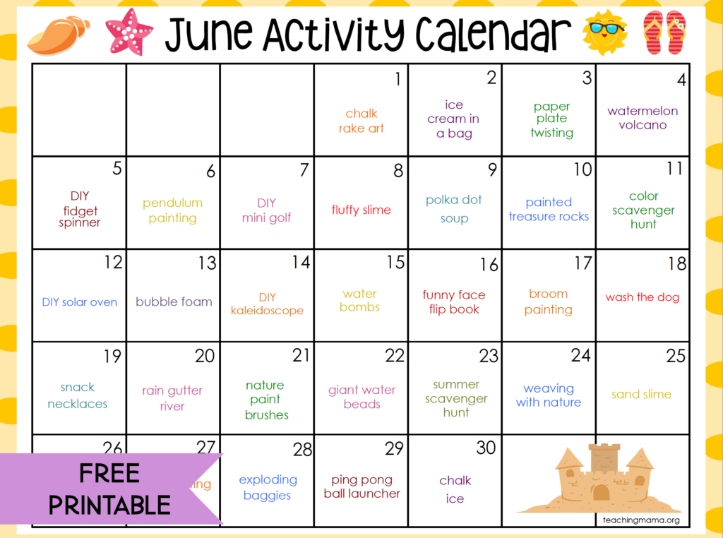 june activity calendar for kids