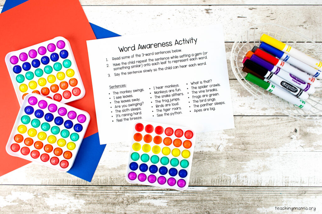 word awareness activity with pop it fidget toys
