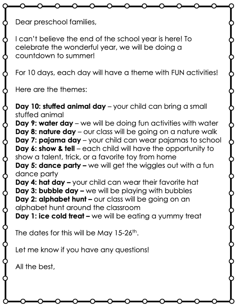 preschool letter to parents