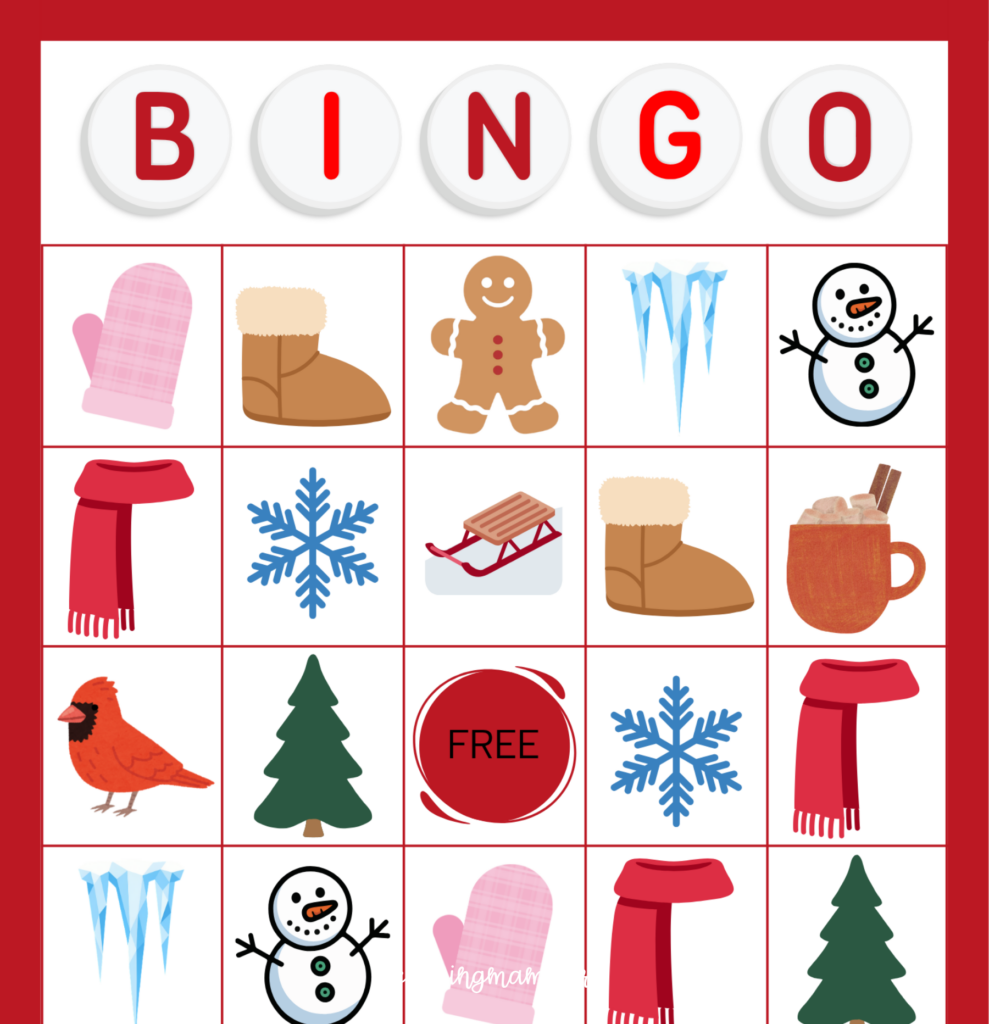 BINGO free printable for kids with winter images.