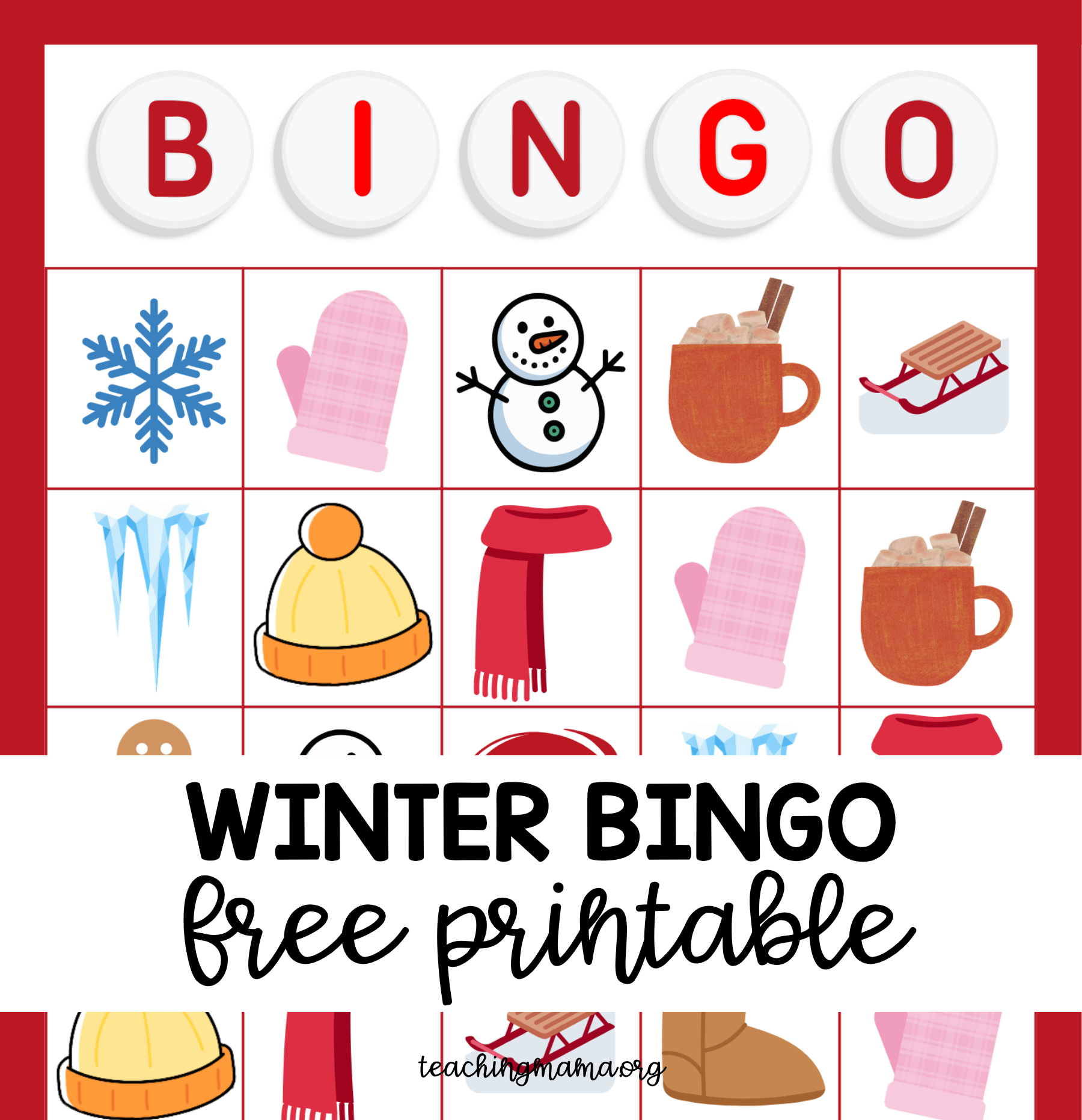 Winter bingo free printable with pictures of winter images on bingo card.